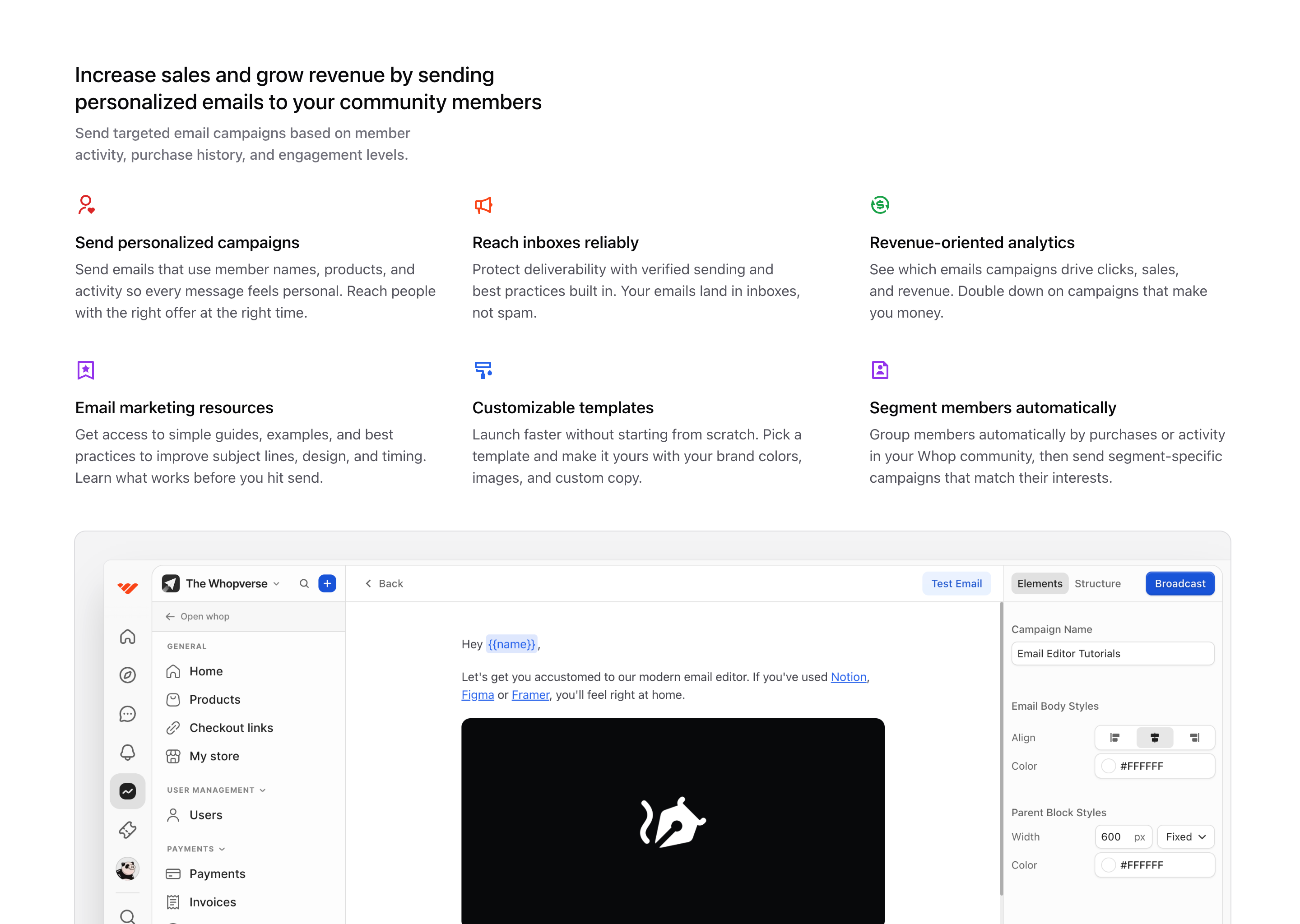 Whop Email features section